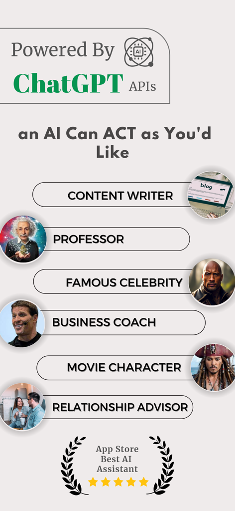 AI Chatbot: SmartAI Assistant - SmartAI Assistant app interface showing diverse AI roles including Content Writer Professor and Business Coach powered by ChatGPT APIs