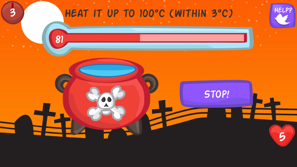 The Impossible Test HALLOWEEN - Haunted Holiday Trivia Game - A Halloween-themed mini-game showing a red cauldron and a thermometer task in The Impossible Test.