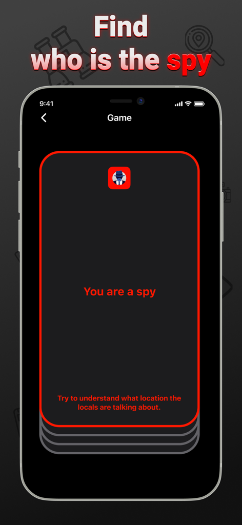 Spy - board card party game - Screenshot of the Spy party game showing the secret role assignment screen for the spy