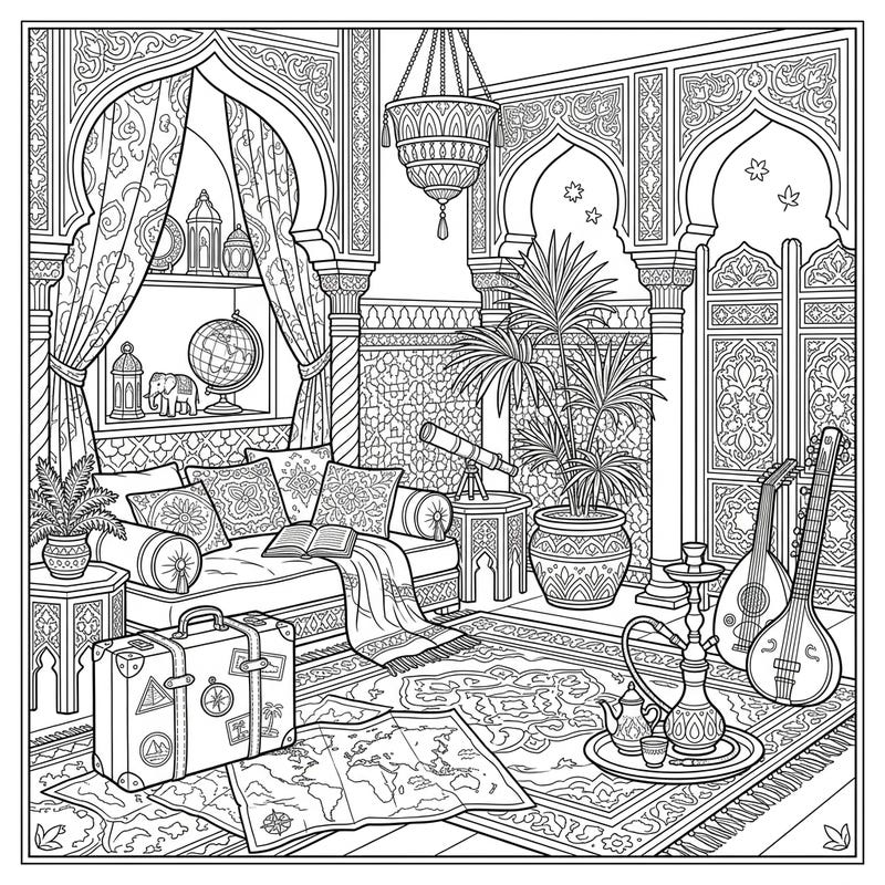 Step into a world of exotic luxury and wanderlust with this stunning Harem Quarters coloring page, beautifully blended with vacation travel elements. Unwind as you bring to life an opulent scene filled with intricate details and inspiring cultural motifs.