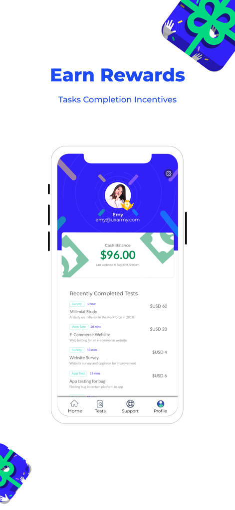UserAdvocate app interface showing a 96 dollar cash balance and a list of recently completed usability tests with their earnings