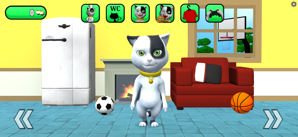 Talking Baby Cat Max Pet Games - Max the talking cat character standing in a virtual living room with icons for caretaking and mini games.