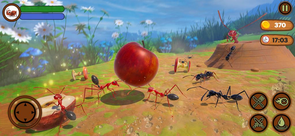 Ant Insect Life Survival War - Rote und schwarze Ameisen tragen einen großen Apfel in einem 3D-Insekten-Überlebenssimulator-Spiel
