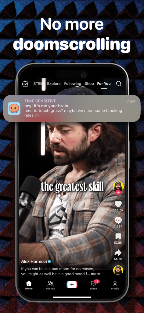 Smartphone displaying a screen time control notification over a social media video.