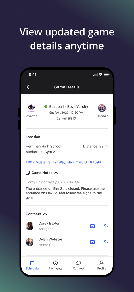 Interface de l'application Arbiter montrant les détails d'un match de baseball universitaire, y compris les notes de lieu et les contacts du personnel.