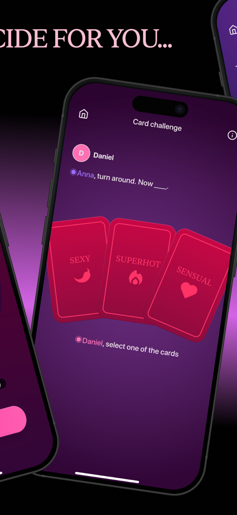 Pantalla de smartphone de Desafío de Cartas de la app Fuego con cartas de opción Sexy Superhot y Sensual