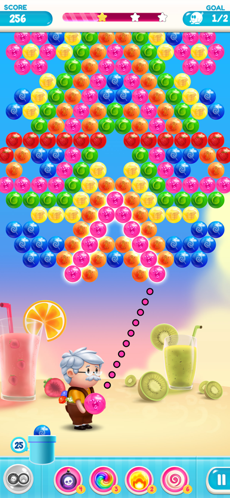Gummy Bear Pop: Bubble Shooter - Gummy Bear Pop gameplay featuring a character aiming at colorful candy-filled bubbles.
