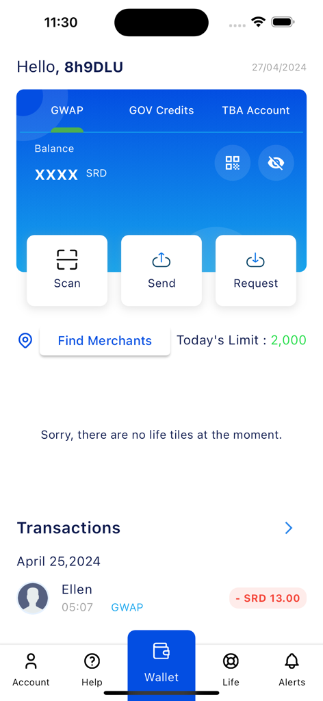 GWAP Consumer - GWAP Consumerアプリのインターフェース。アカウント残高、スキャン、送信、リクエストオプションを表示しています。