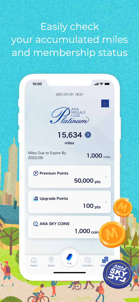 Pantalla de la aplicación ANA Mileage Club que muestra el estatus de membresía Platinum y las millas acumuladas
