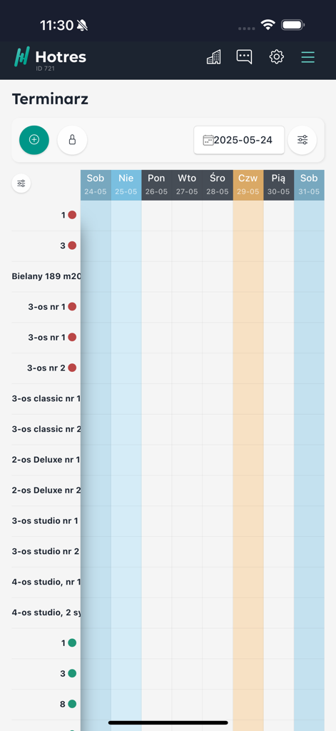 Hotres PMS - A professional room booking schedule and occupancy calendar interface on the Hotres PMS mobile application.