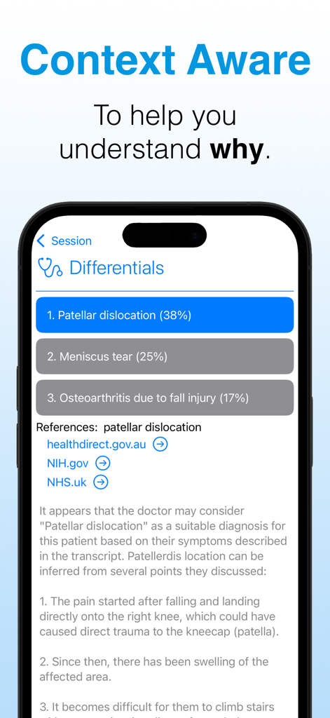 Diagnosis Pad - AI Doctor - Pantalla de la aplicación Diagnosis Pad mostrando diagnósticos diferenciales generados por IA con probabilidades porcentuales y contexto médico