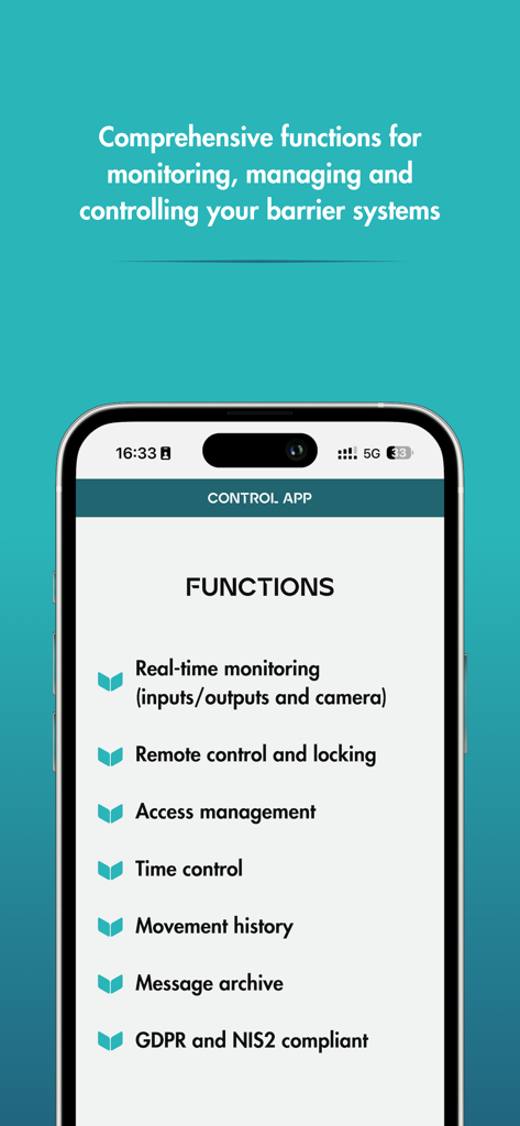 Una schermata mobile che mostra le varie funzioni di sicurezza e gestione di BarrierSystems ControlApp.