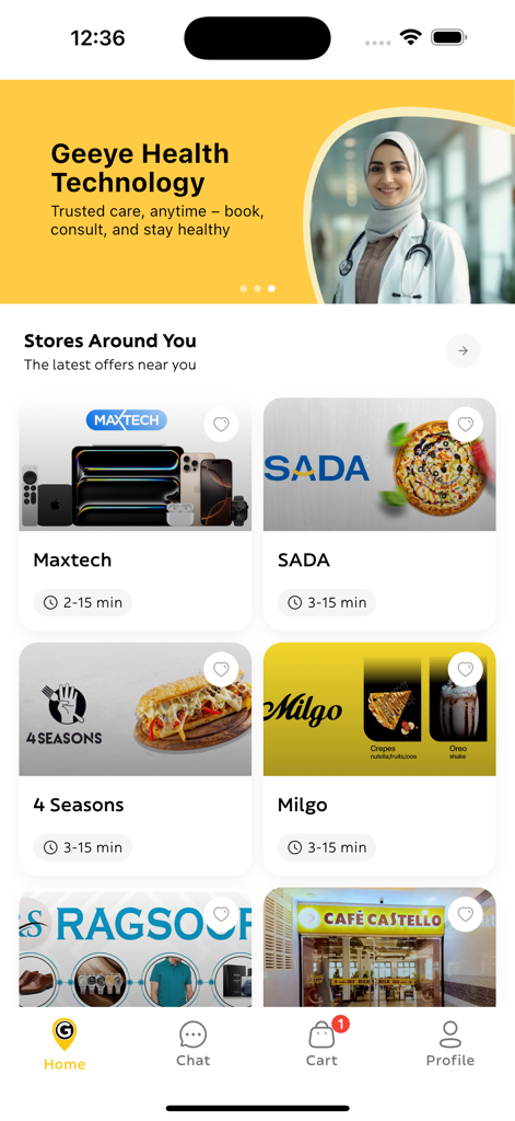 Geeye Somalia - Geeye Somalia app home screen showing local food and product stores with delivery times