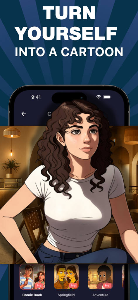 Cartoony: Anime Cartoon Maker - Cartoony app interface showing a young woman turned into a cartoon character with various style options.