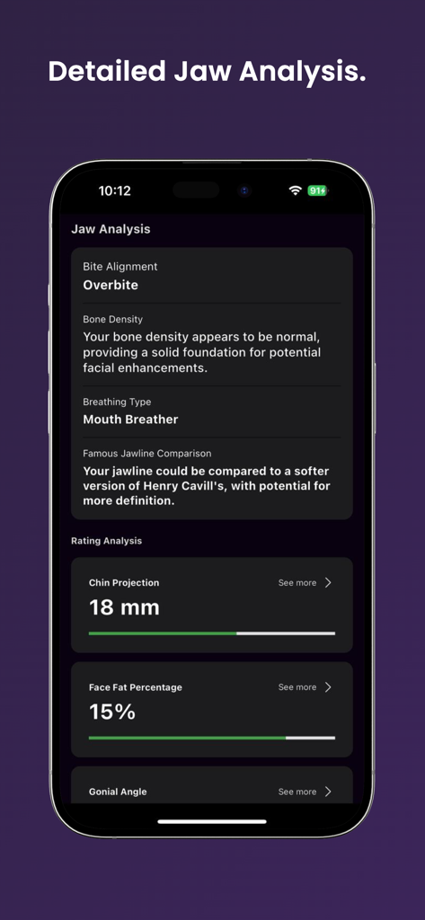 JawMax app interface showing detailed AI facial analysis and jaw metrics