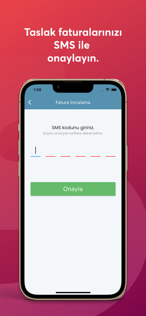 SMS verification interface for signing and approving draft invoices in the e-Arşiv Fatura mobile app