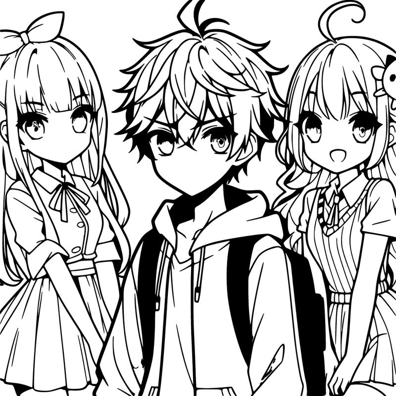 three anime girls and one boy