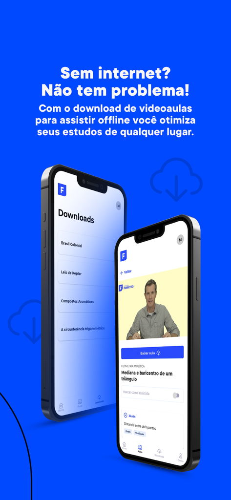 Screenshot of the Professor Ferretto app showcasing the offline download feature for video lessons on mobile phones.