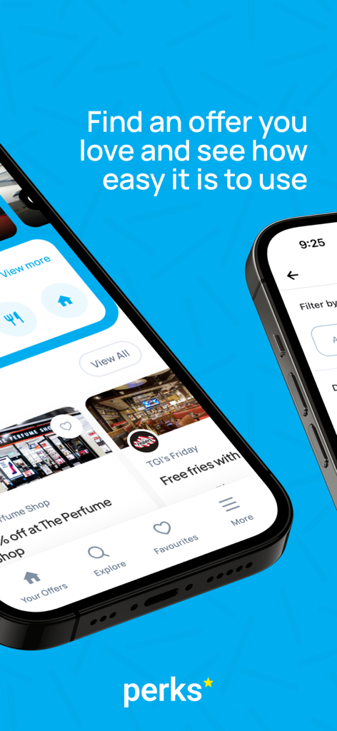 Perks app interface showing mobile discount offers for restaurants and retail shops on an iPhone.