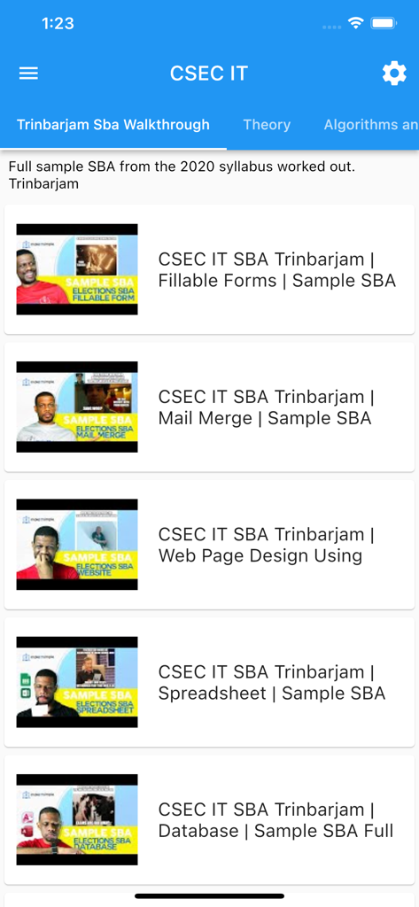 LearnIT by makeITsimpleTT - LearnIT app interface showing a list of CSEC IT SBA video tutorials for students