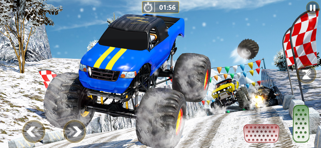 Blue monster truck racing and performing stunts on a snowy offroad track