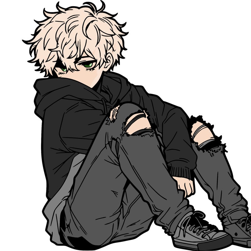 a male hoddie ripped jeans messy hair anime