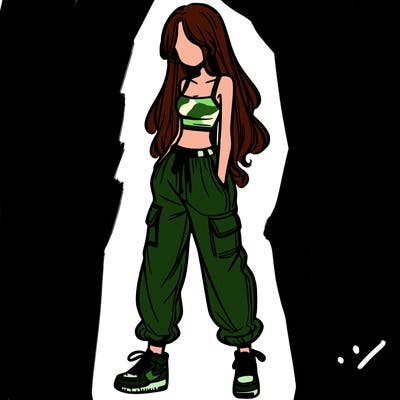girl in baggy pants crop top and long hair