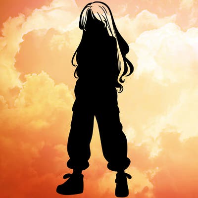 girl in baggy pants crop top and long hair