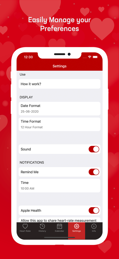 Heart Rate & Pulse Tracker - Settings screen of the Heart Rate and Pulse Tracker app showing options for display format, notifications, and Apple Health integration.