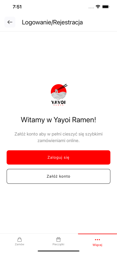 Login and registration screen for the Yayoi Ramen and Sushi World app featuring the brand logo and sign-in buttons