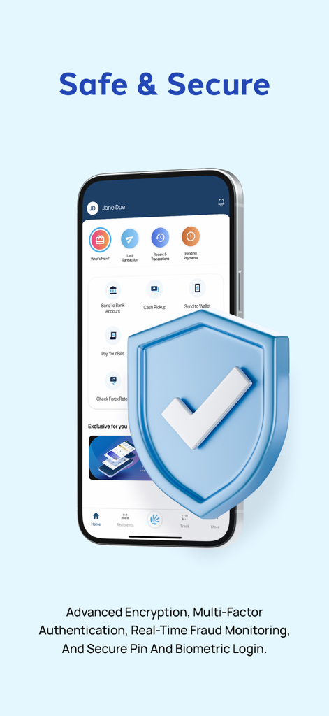 Lulu Money app screen displaying safety features with a blue security shield icon
