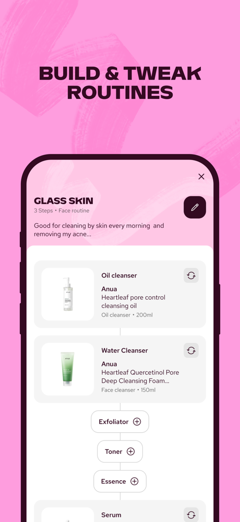 luxplus - Luxplus mobile app interface for building and customizing a glass skin routine with product steps