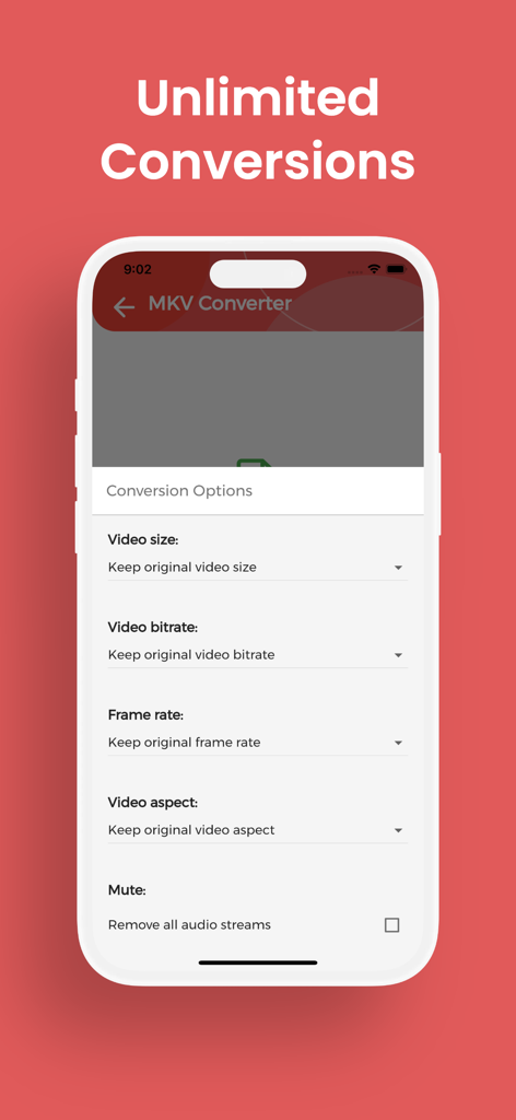 Interfaz de la app Convertidor MKV que muestra opciones personalizables de conversión de video para tamaño, tasa de bits y velocidad de fotogramas en un iPhone