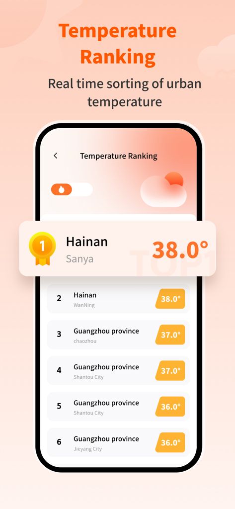 Interface of the Thermometer-Weather Live app displaying real-time temperature rankings for various cities.