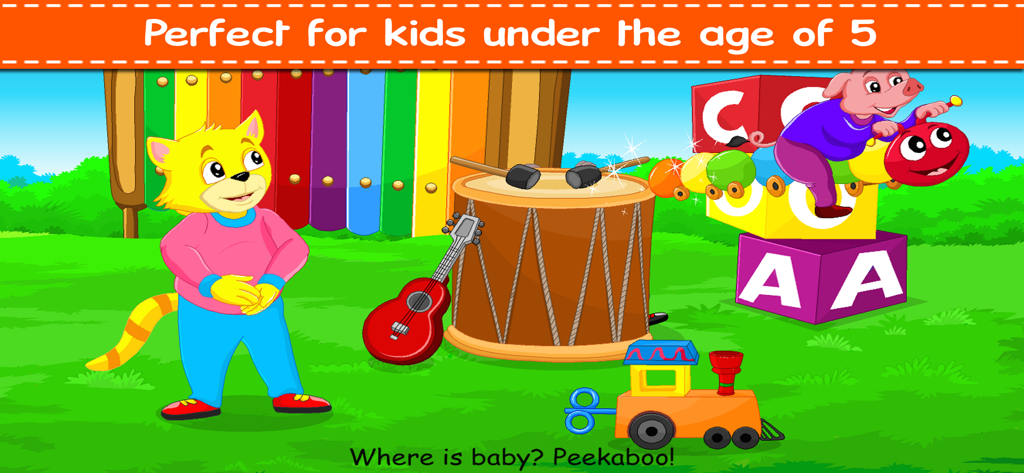 Cartoon yellow cat and musical instruments in a park with peekaboo text for kids under five