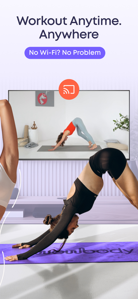 WOWBODY: Home Workout Women - A woman practicing a yoga pose at home while casting a workout from the WOWBODY app to her TV screen