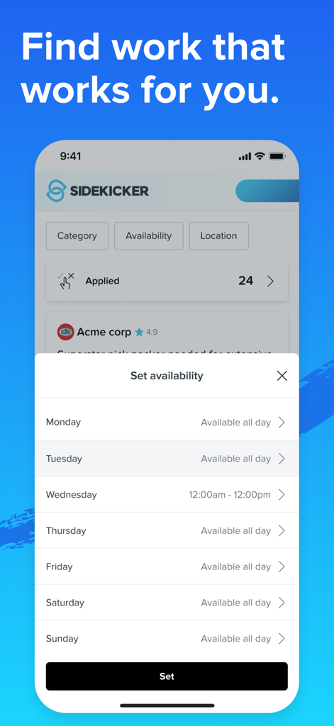 Sidekicker worker app screen showing the weekly availability settings for flexible work shifts