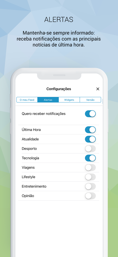 SAPO app settings screen for configuring personalized news alerts and notifications