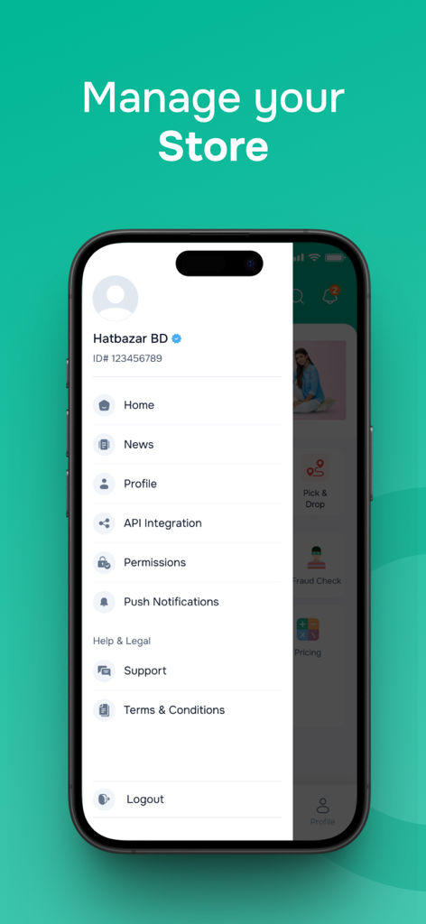 SteadFast Merchant - SteadFast Merchant 앱의 사이드 메뉴에 스토어 관리 및 계정 옵션이 표시됩니다.
