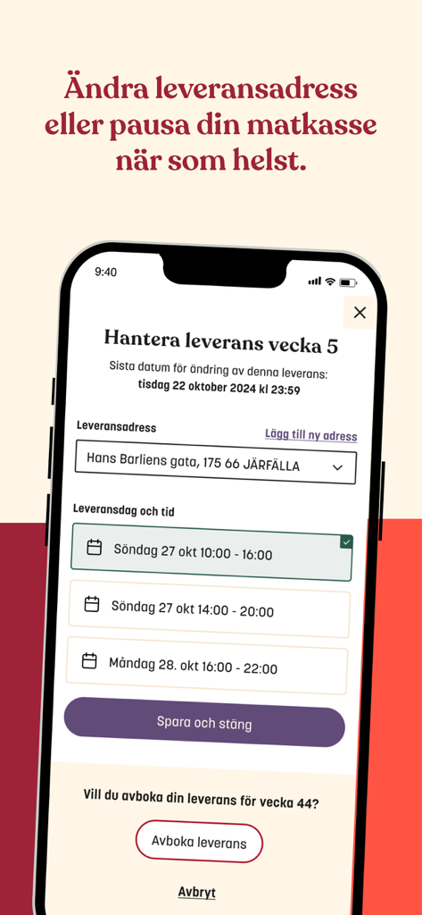 Linas Matkasse - Linas Matkasse mobile app interface for managing delivery addresses and scheduling delivery times