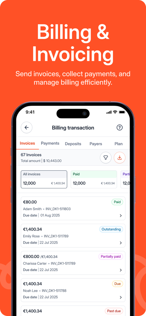 Mobile interface of the Parent app showing childcare billing and invoicing with payment statuses