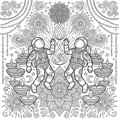 Blast off into a vibrant Diwali celebration with this unique coloring page featuring two astronauts amidst the festive glow. Immerse yourself in intricate details of diyas, fireworks, and celestial patterns, perfect for a joyful coloring experience.