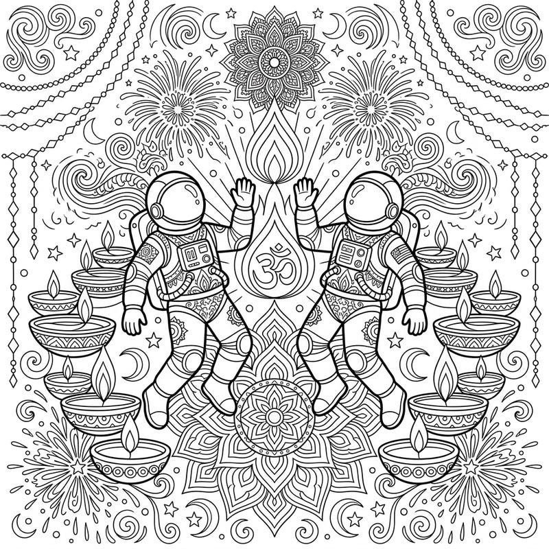 Blast off into a vibrant Diwali celebration with this unique coloring page featuring two astronauts amidst the festive glow. Immerse yourself in intricate details of diyas, fireworks, and celestial patterns, perfect for a joyful coloring experience.