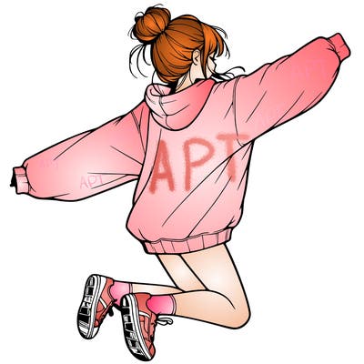 realistic girl jumping with a bun and oversized sweatshirt