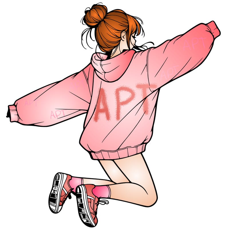 realistic girl jumping with a bun and oversized sweatshirt