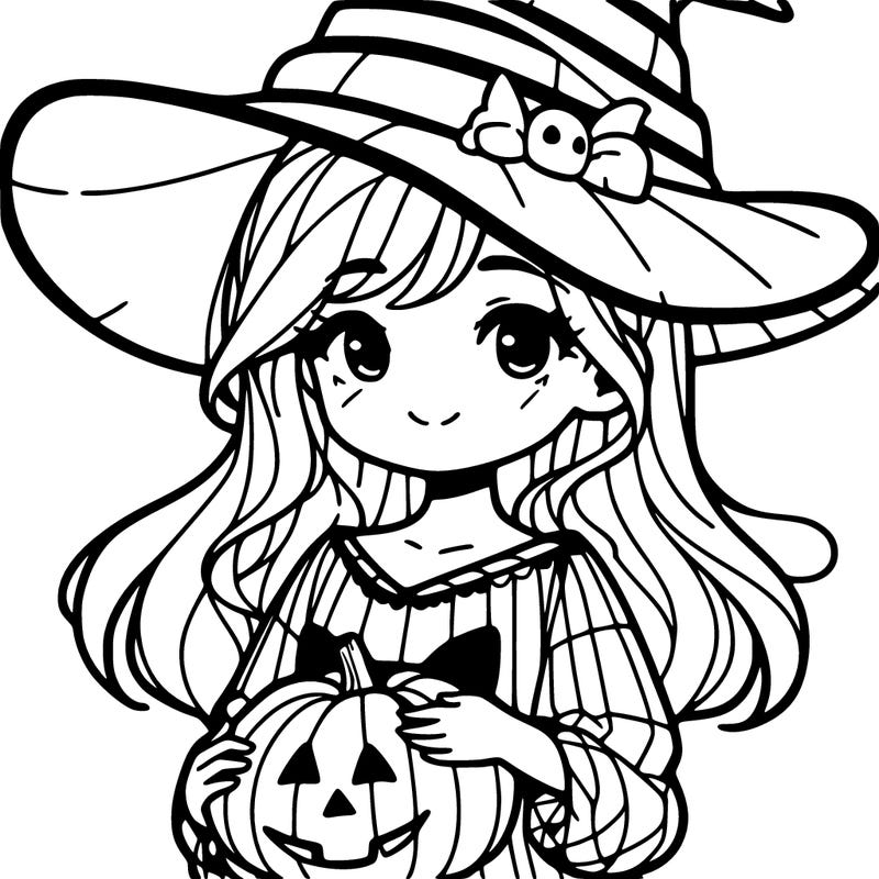 ime girl holding pumpkin with witch hat