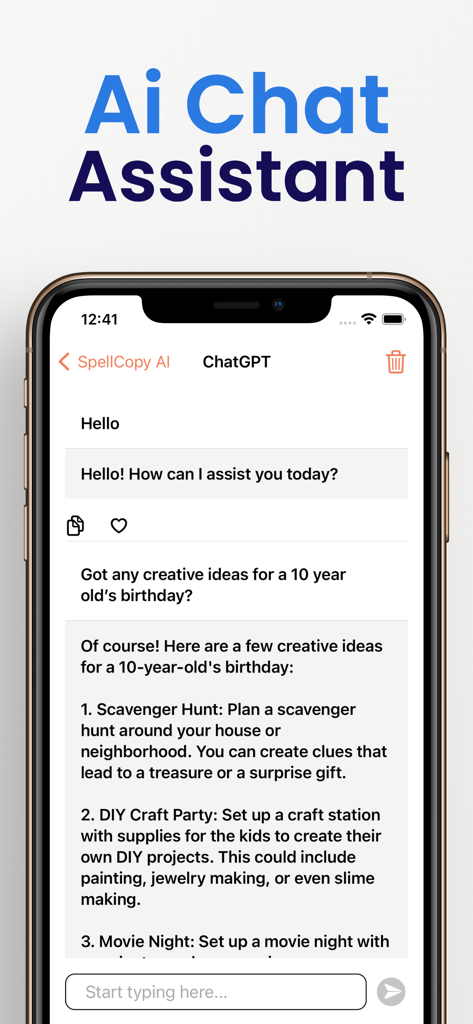 Undetectable AI° - Undetectable AI mobile app interface showing a chat conversation with an AI assistant generating creative birthday party ideas