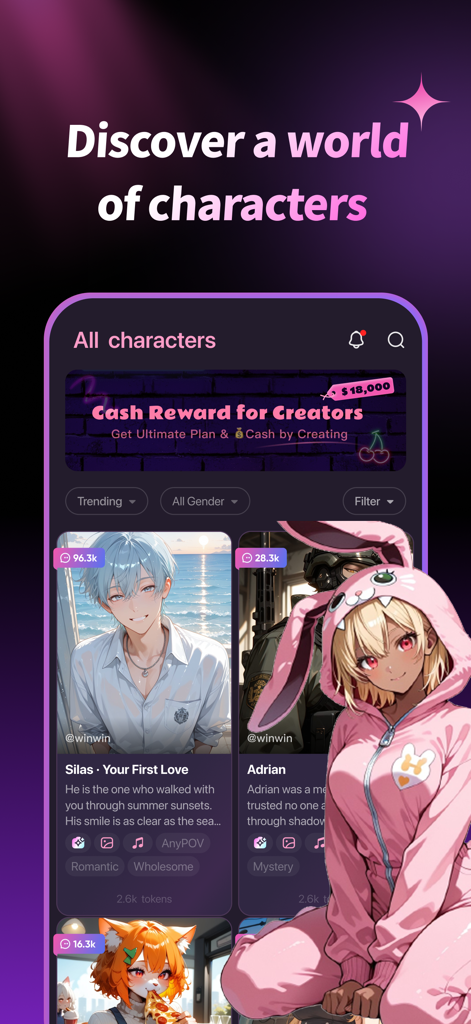 CraveU AI: Roleplay Chat - Oberfläche der CraveU AI App, die eine Liste von Anime-inspirierten KI-Charakteren für Rollenspiele und Chats anzeigt.