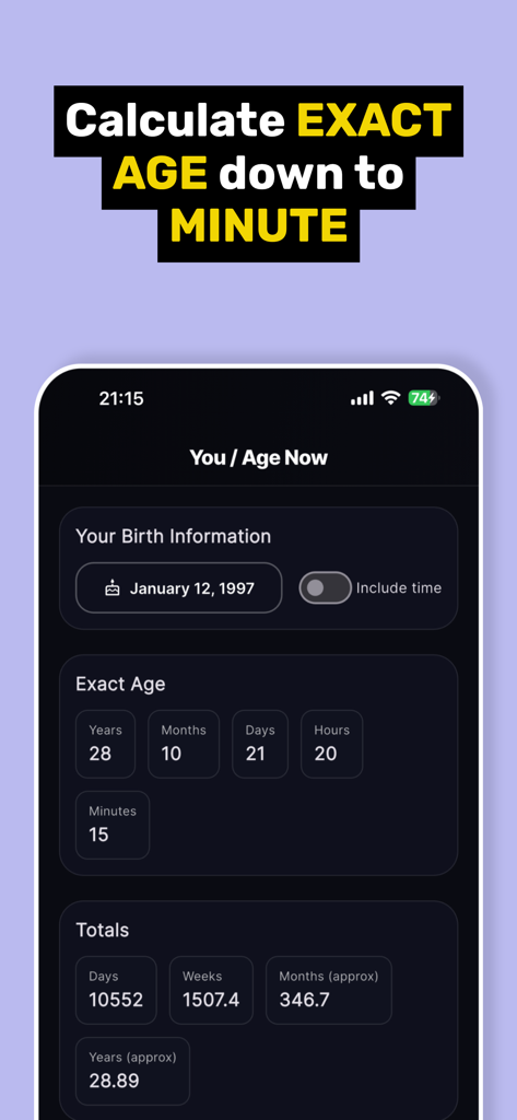 Chronological Age Calculator! - Tela da Calculadora de Idade Cronológica mostrando idade em anos meses dias horas e minutos