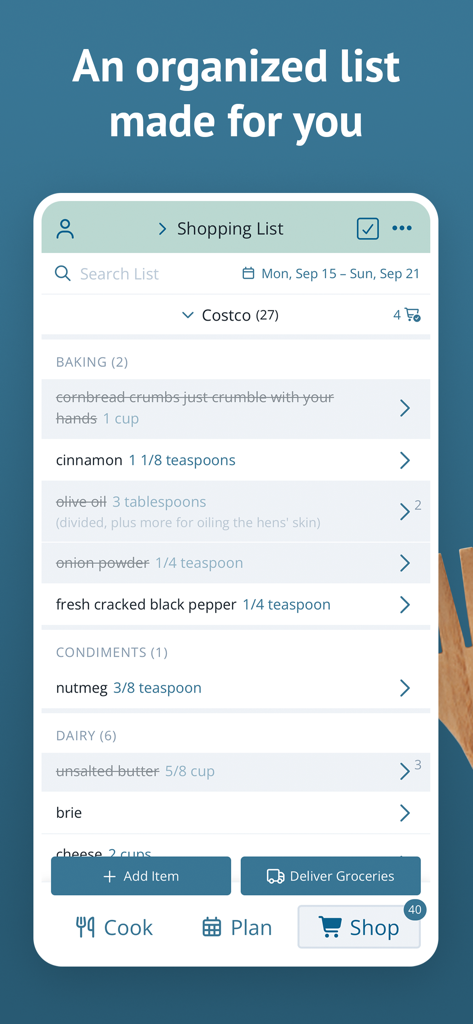Plan to Eat mobile app showing an organized grocery shopping list categorized by aisle for Costco